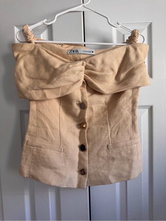 Zara Tops - Zara Linen Off-Shoulder Cream Rock Button Front Top Sz S Office Date Natural